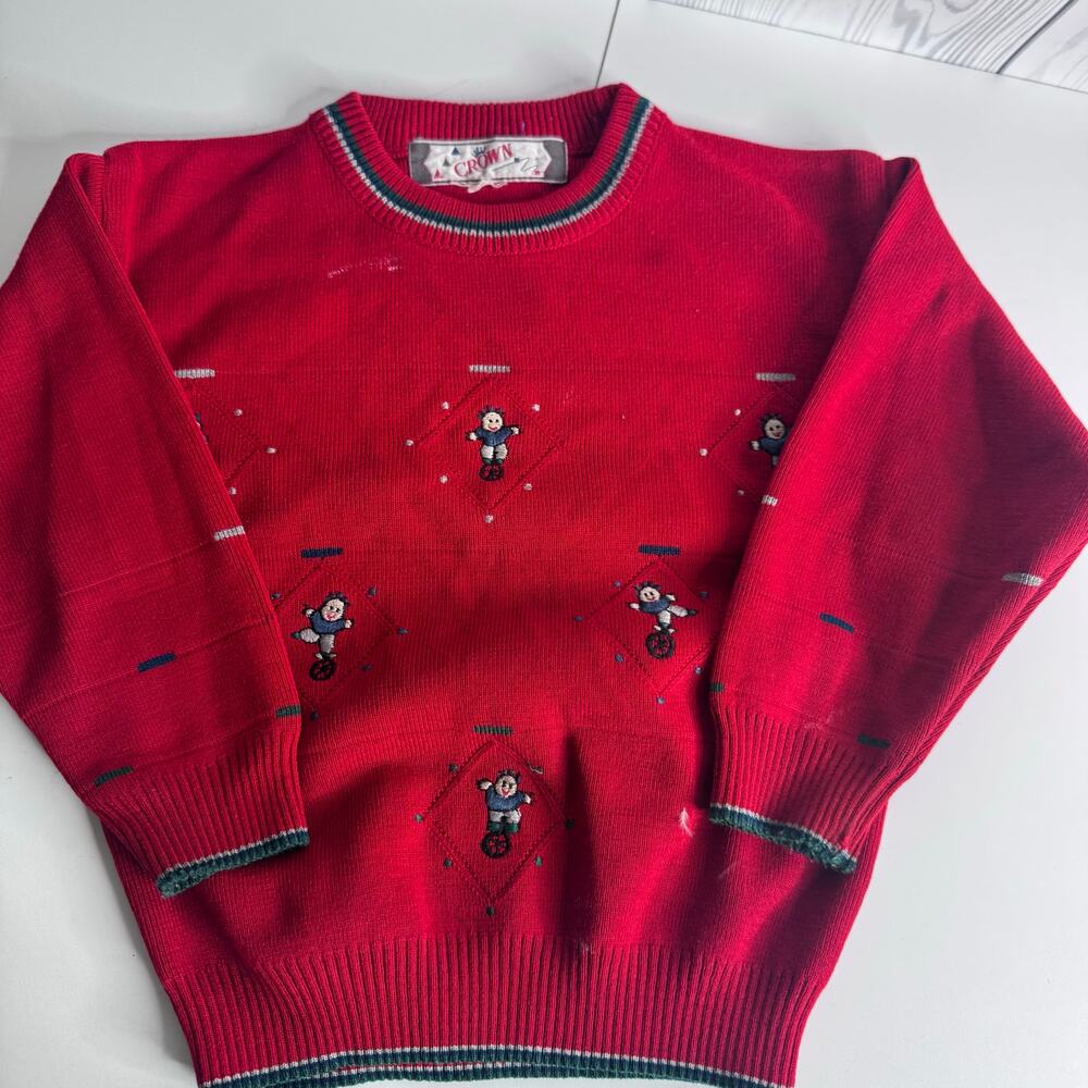 Vintage Boys Crown Red Unicycle Children's Sweater  Size 4 Embroidered